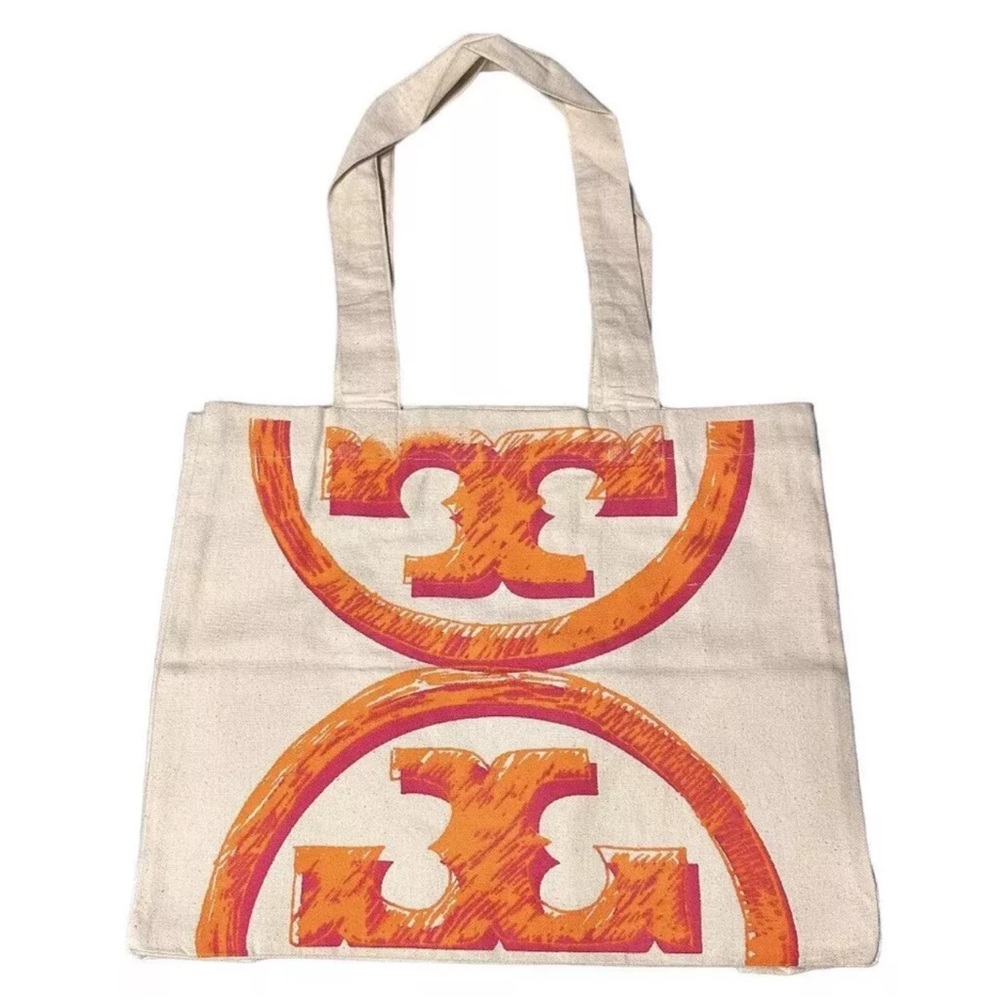 Tory Burch Canvas Tote with Orange & Pink Logo